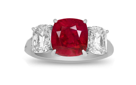 71 custom made unique cushion cut ruby center stone and cushion cut diamond accent three stone engagement ring