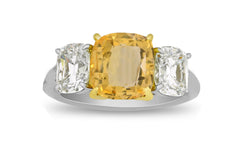 71 custom made unique cushion cut yellow sapphire center stone and cushion cut diamond accent three stone engagement ring