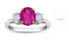 72 custom made unique oval cut pink sapphire center stone and oval cut diamond accent three stone engagement ring