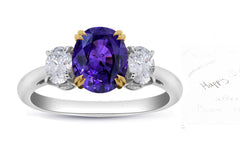 72 custom made unique oval cut purple sapphire center stone and oval cut diamond accent three stone engagement ring