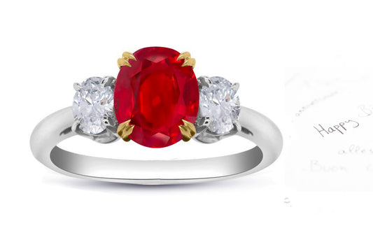 72 custom made unique oval cut ruby center stone and oval cut diamond accent three stone engagement ring