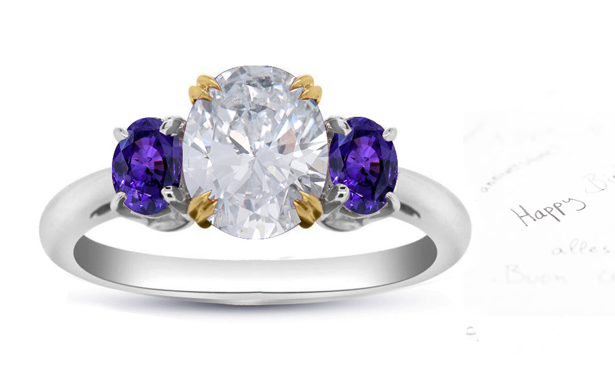 73 custom made unique oval cut diamond center stone and oval cut purple sapphire accent three stone engagement ring