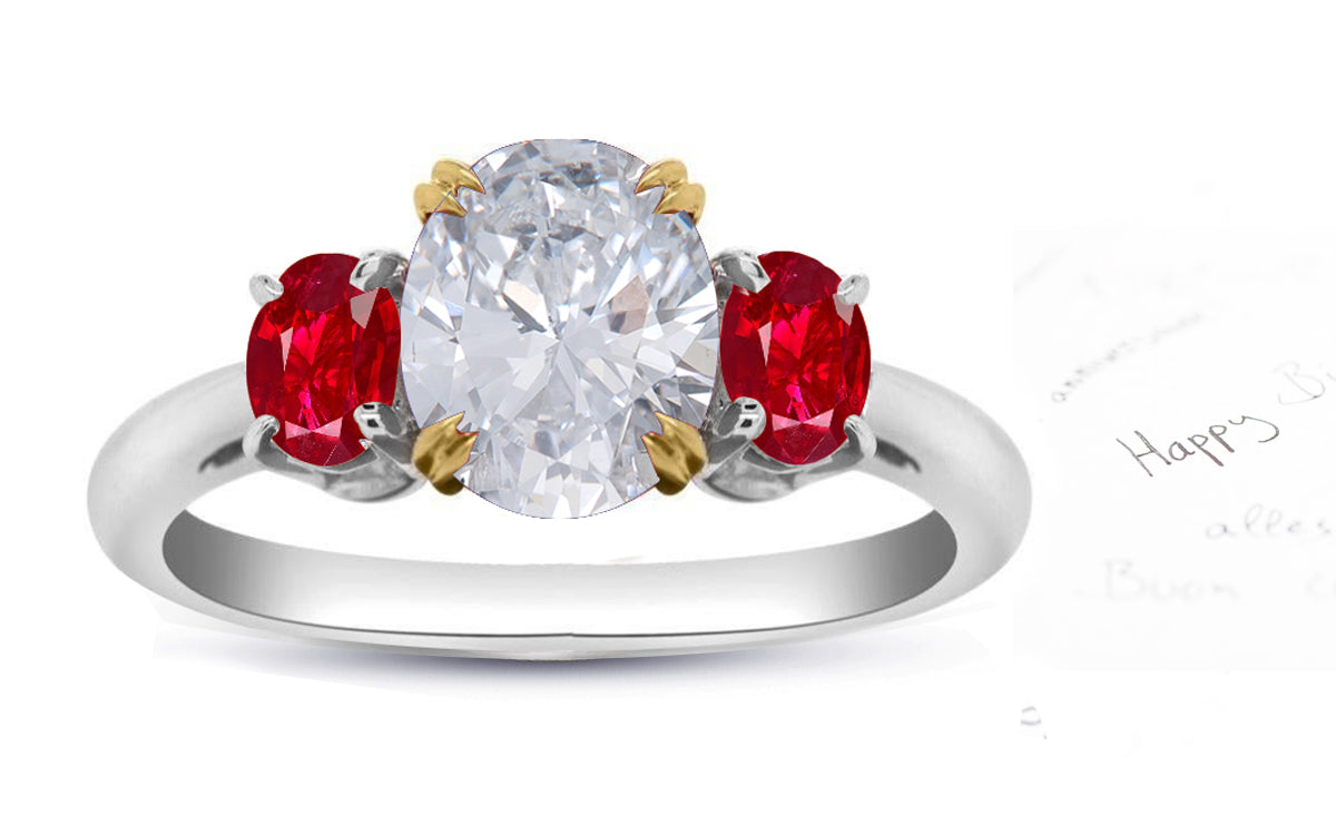 73 custom made unique oval cut diamond center stone and oval cut ruby accent three stone engagement ring