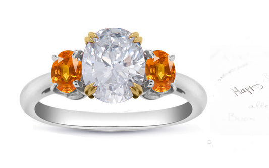 73 custom made unique oval cut diamond center stone and oval cut yellow sapphire accent three stone engagement ring