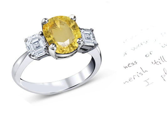 74 custom made unique oval cut yellow sapphire center stone and asscher cut diamond accent three stone engagement ring