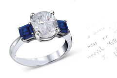 75 custom made unique oval cut diamond center stone and asscher cut blue sapphire accent three stone engagement ring