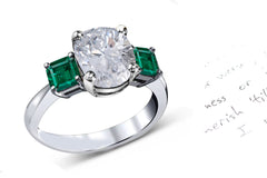 75 custom made unique oval cut diamond center stone and asscher cut emerald accent three stone engagement ring