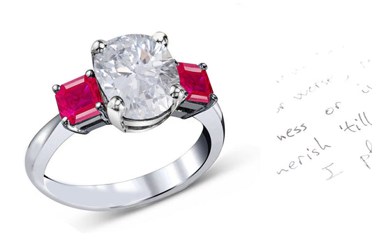 75 custom made unique oval cut diamond center stone and asscher cut ruby accent three stone engagement ring