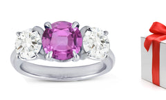 76 custom made unique round pink sapphire and diamond three stone engagement ring