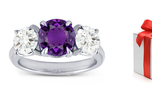 76 custom made unique round purple sapphire and diamond three stone engagement ring