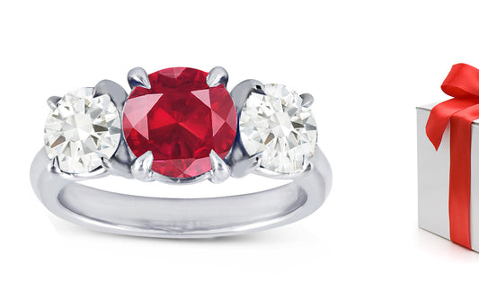 76 custom made unique round ruby and diamond three stone engagement ring