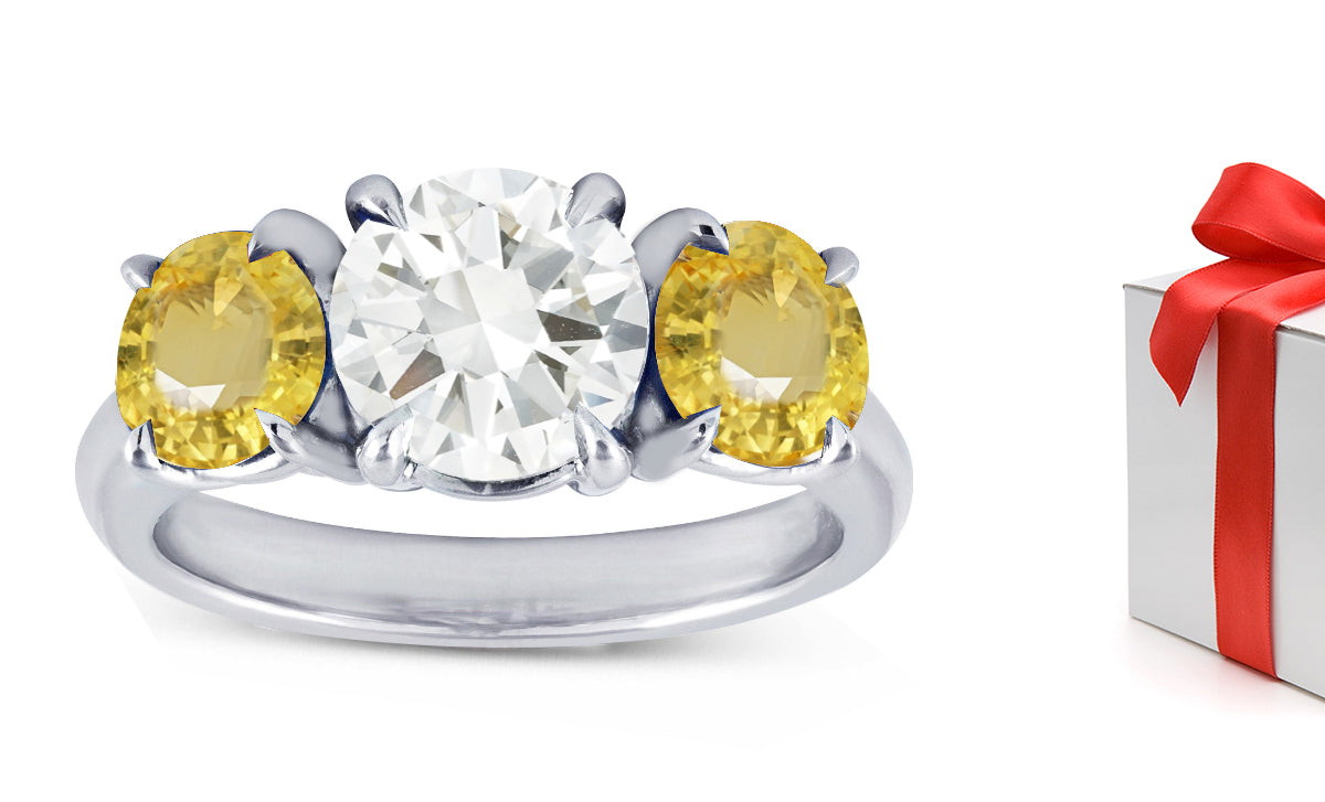 77 custom made unique round yellow sapphire and diamond three stone engagement ring