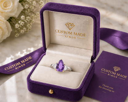 1 custom made unique pear purple sapphire center stone with trillion diamond accents three stone engagement ring