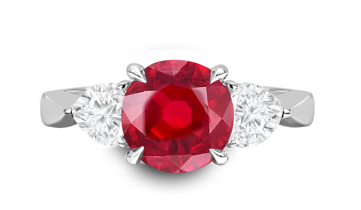 79 custom made unique round ruby and heart diamonde side three stone engagement ring