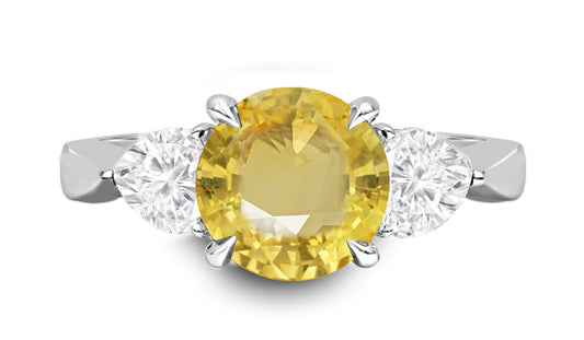 79 custom made unique round yellow sapphire and heart diamonde side three stone engagement ring