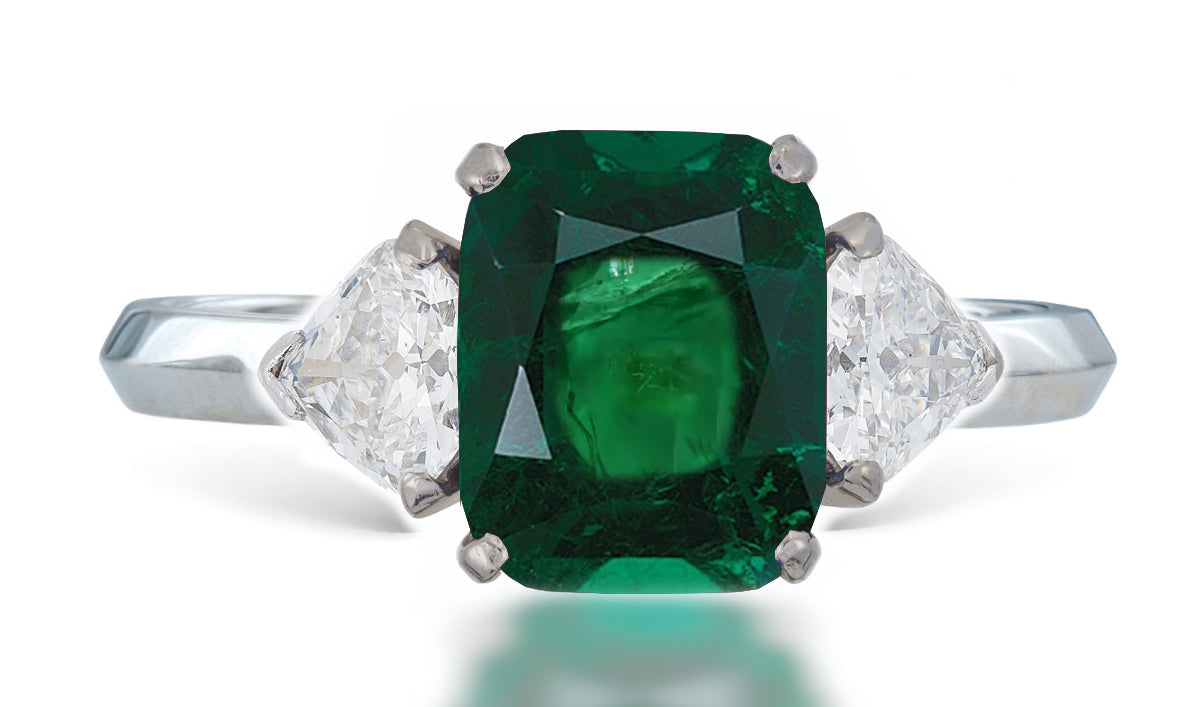 8 custom made unique cushion emerald center stone with trillion diamond accents three stone engagement ring