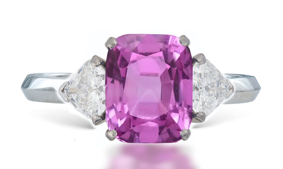 8 custom made unique cushion pink sapphire center stone with trillion diamond accents three stone engagement ring