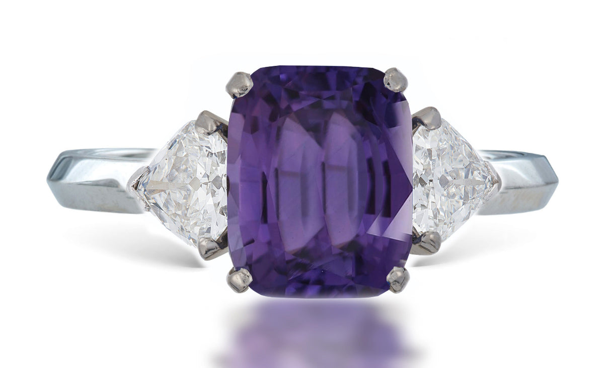 8 custom made unique cushion purple sapphire center stone with trillion diamond accents three stone engagement ring