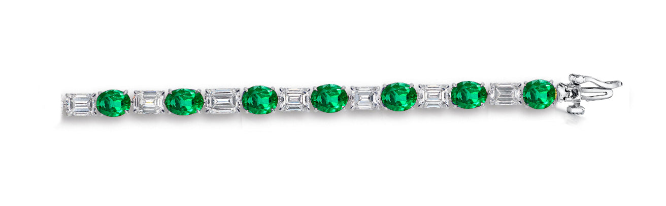 8 custom unique alternating oval emerald and baguette diamond tennis bracelet