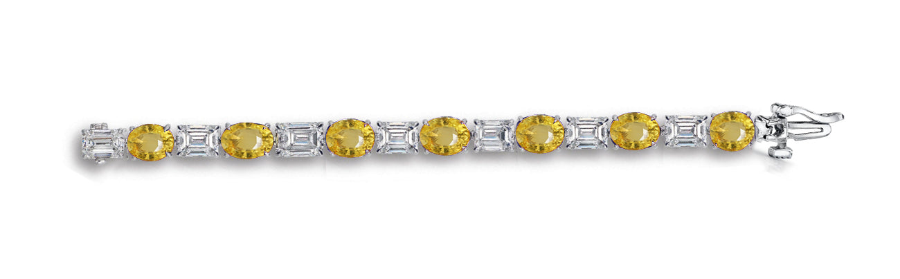 8 custom unique alternating oval yellow sapphire and baguette diamond tennis bracelet