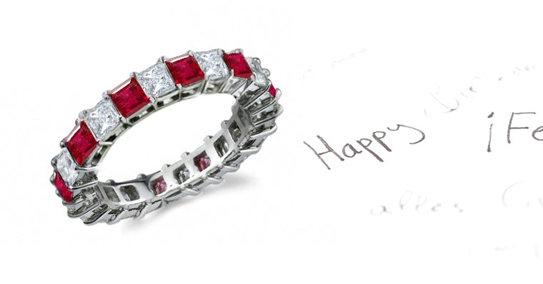 stackable eternity ring with alternating square rubies and diamonds