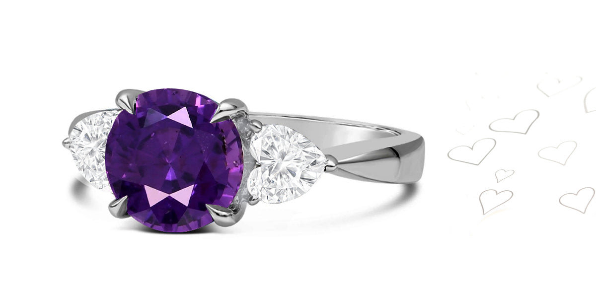 80 custom made unique round purple sapphire and heart diamonde side three stone engagement ring