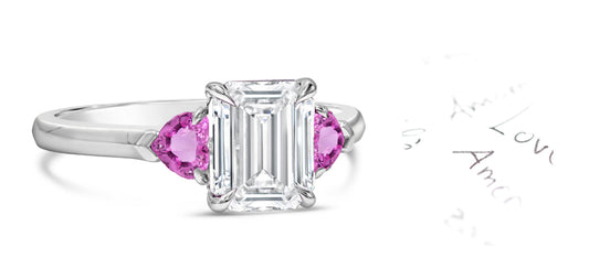 81 custom made unique emerald cut diamond and heart pink sapphire side three stone engagement ring