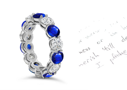 88 custom made unique stackable alternating round blue sapphire and diamond prong set eternity ring