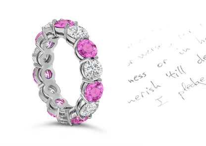 88 custom made unique stackable alternating round pink sapphire and diamond prong set eternity ring