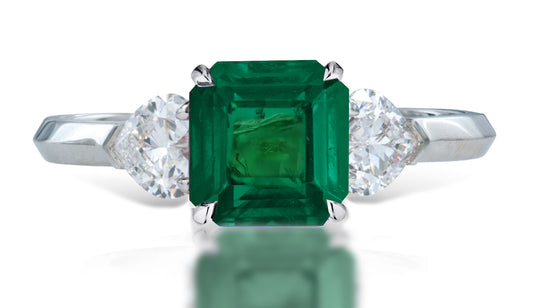 9 custom made unique asscher cut emerald center stone with heart diamond accents three stone engagement ring