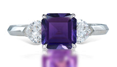 9 custom made unique asscher cut purple sapphire center stone with heart diamond accents three stone engagement ring