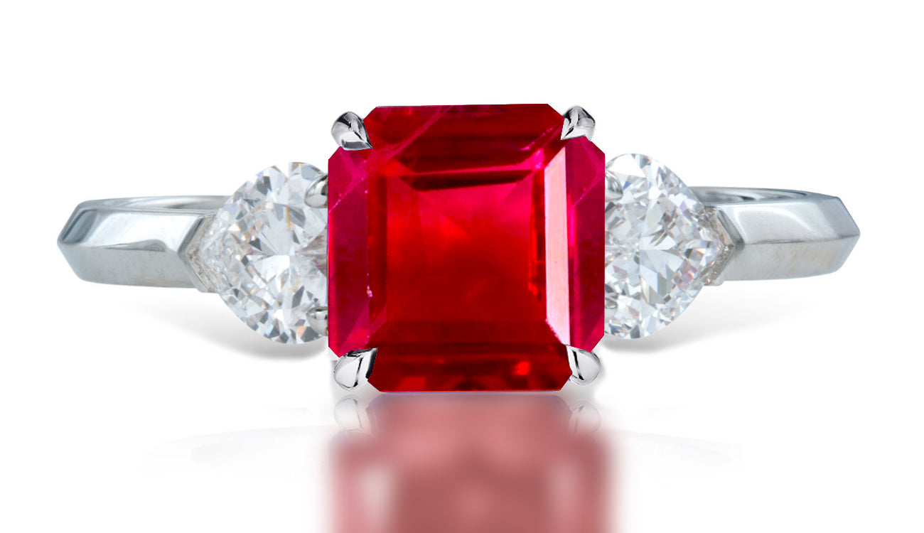 9 custom made unique asscher cut ruby center stone with heart diamond accents three stone engagement ring