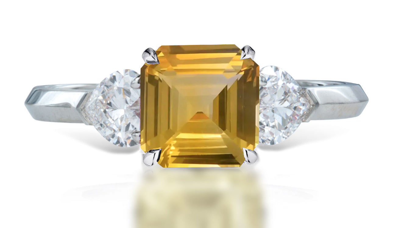 9 custom made unique asscher cut yellow sapphire center stone with heart diamond accents three stone engagement ring