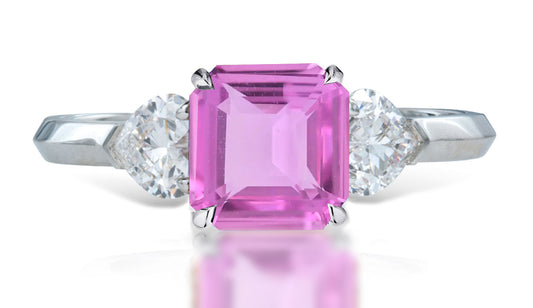 9 custom made unique asscher cut pink sapphire center stone with heart diamond accents three stone engagement ring