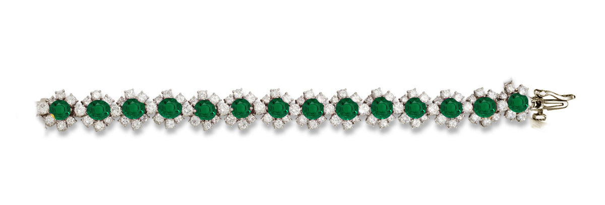 9 custom unique alternating round emerald and round diamond halo tennis bracelet