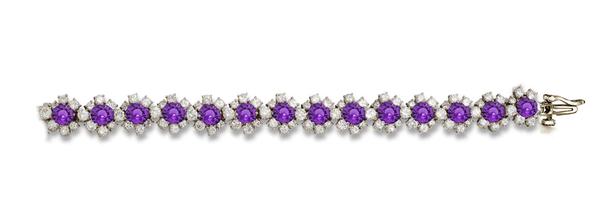 9 custom unique alternating round purple sapphire and round diamond halo tennis bracelet