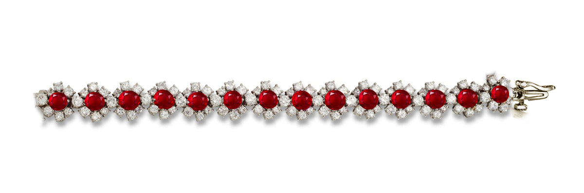 9 custom unique alternating round ruby and round diamond halo tennis bracelet