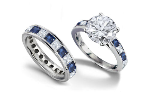 bridal set with square blue sapphires and diamonds