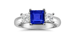 91 custom made unique square blue square and square diamond side three stone engagement ring