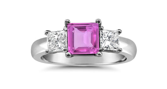 91 custom made unique square pink square and square diamond side three stone engagement ring