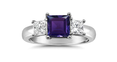 91 custom made unique square purple square and square diamond side three stone engagement ring