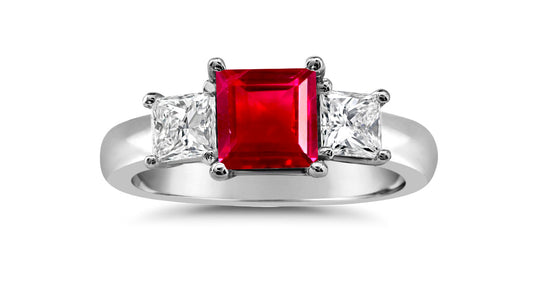 91 custom made unique square ruby and square diamond side three stone engagement ring