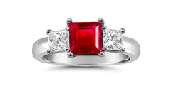 91 custom made unique square ruby and square diamond side three stone engagement ring