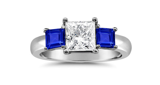 92 custom made unique square diamond and square blue sapphire side three stone engagement ring