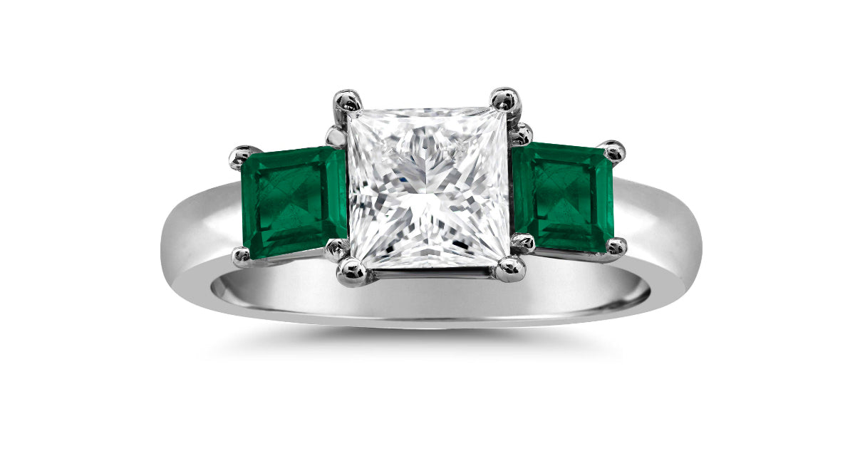 92 custom made unique square diamond and square emerald side three stone engagement ring