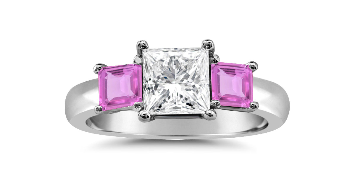 92 custom made unique square diamond and square pink sapphire side three stone engagement ring