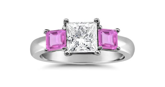 92 custom made unique square diamond and square pink sapphire side three stone engagement ring