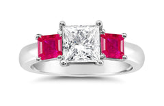 92 custom made unique square diamond and square ruby side three stone engagement ring