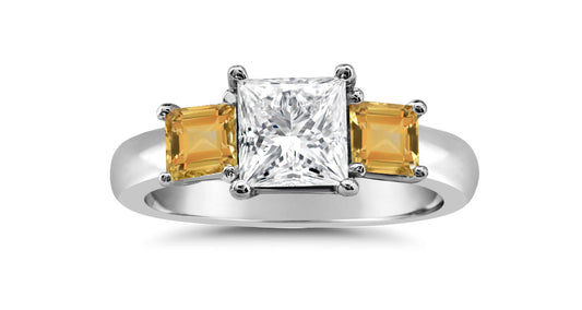 92 custom made unique square diamond and square yellow sapphire side three stone engagement ring