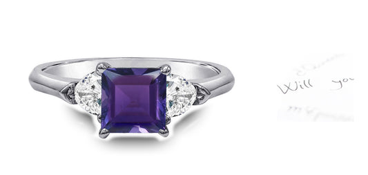 94 custom made unique square purple sapphire and heart diamond side three stone engagement ring